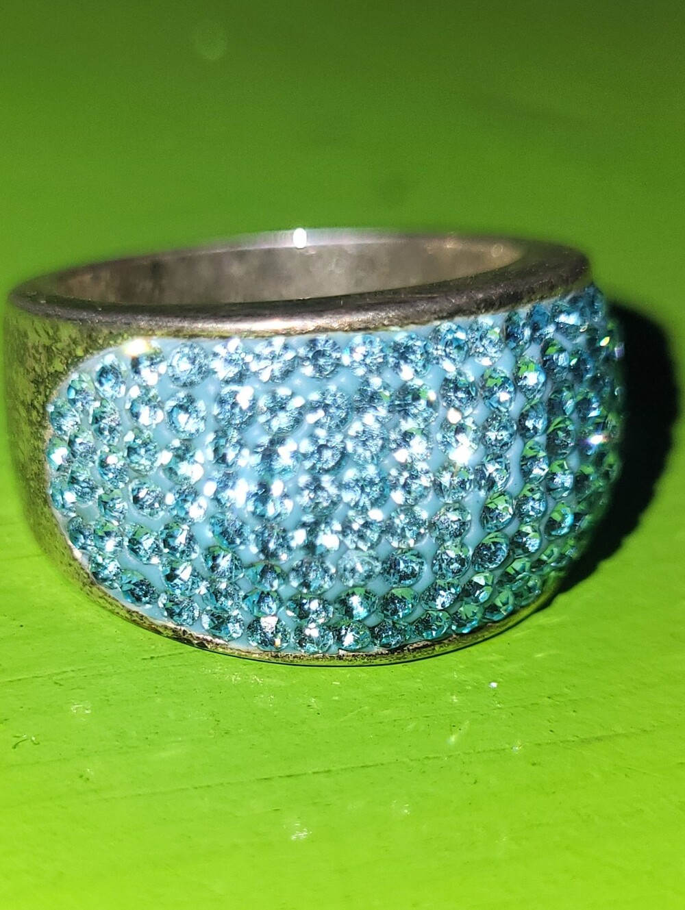 Vintage JCM Malaysia Brass Light Blue Crystal Pavé Dome Band Ring